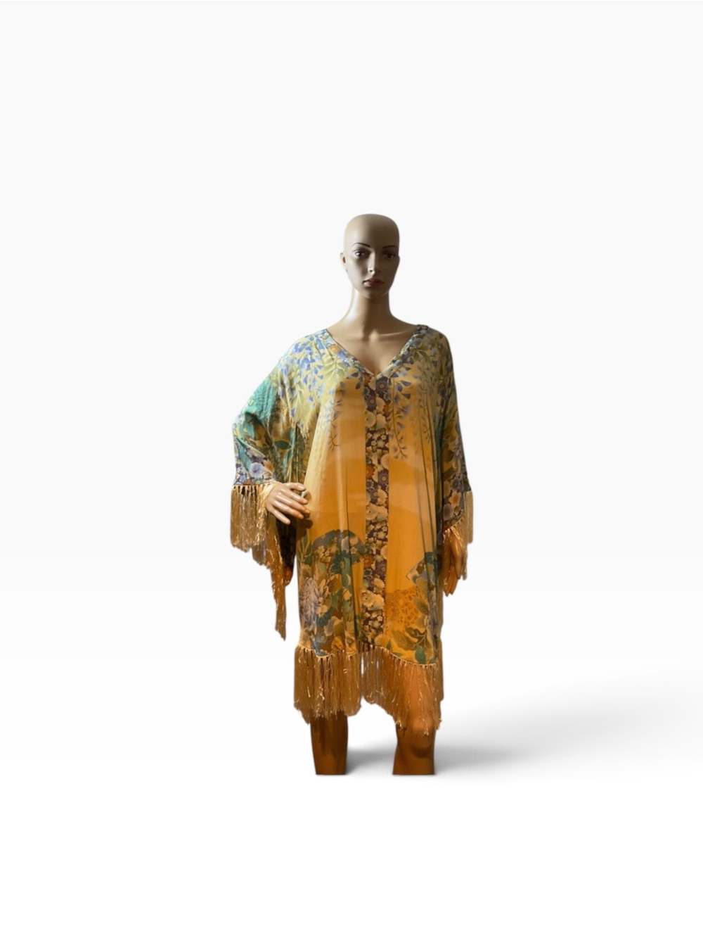 Spell Yellow Floral Fringe Cape with Green & Blue Accents